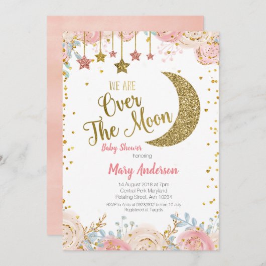 ピンクの桃の金ゴールドムーンベビーシャワー女の子 招待状 (正面/裏面)