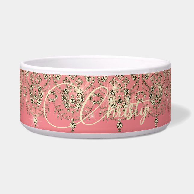 ピンクの桃の金ゴールドレースのスパークエレガントル ボウル (正面)