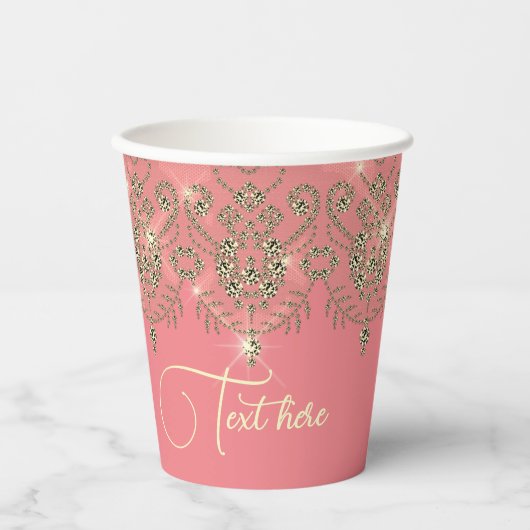 ピンクの桃の金ゴールドレースのスパークエレガントル 紙コップ (正面)