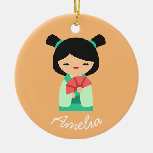 ピンクの桃アクアコケシ日本の人形 セラミックオーナメント (正面)