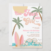 ピンクの桃カリフォーにア女の子サーフィン4歳誕生日 招待状 (正面)