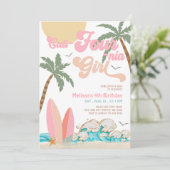 ピンクの桃カリフォーにア女の子サーフィン4歳誕生日 招待状 (スタンド正面)