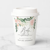 ピンクの桃フローラの水色のベビーシャワーパーティー 紙コップ (裏面)