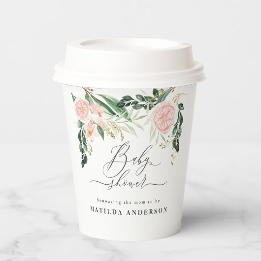 ピンクの桃フローラの水色のベビーシャワーパーティー 紙コップ (正面)