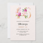 ピンクの桃フローラナンバーズ金ゴールドスウィート16ラグジュアリー 招待状 (正面)