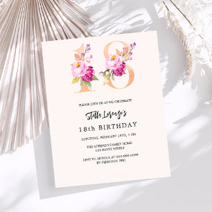 ピンクの桃フローラ18th誕生日の予算の招待