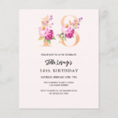 ピンクの桃フローラ18th誕生日の予算の招待 (正面)