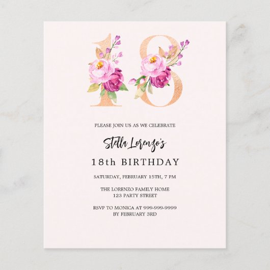 ピンクの桃フローラ18th誕生日の予算の招待 (正面)