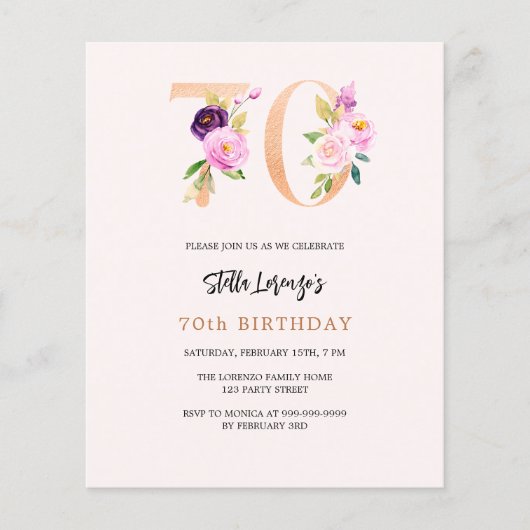 ピンクの桃フローラ70th誕生日の予算の招待 (正面)