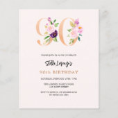 ピンクの桃フローラ90th誕生日の予算の招待 (正面)