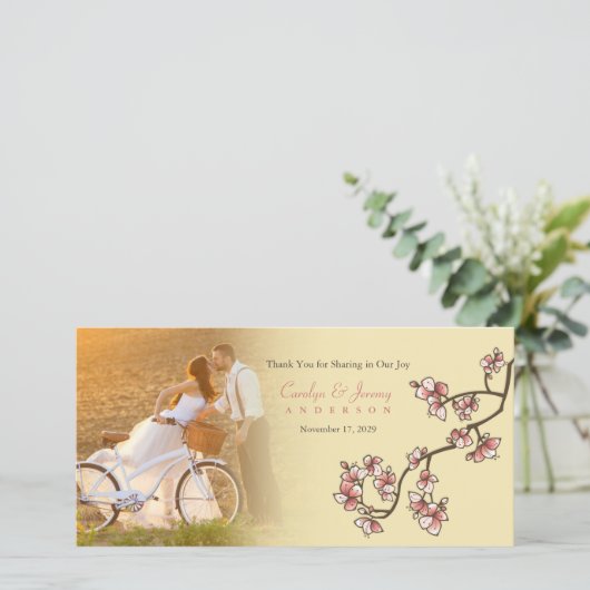 ピンクの桃結婚の花の感謝写真カード サンキューカード (スタンド正面)