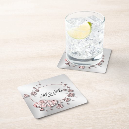 ピンクの桃色の輝くハートの幾何学的なエレガント スクエアペーパーコースター (インサイチュ)