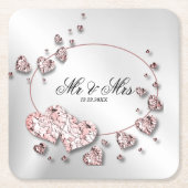 ピンクの桃色の輝くハートの幾何学的なエレガント スクエアペーパーコースター (正面)