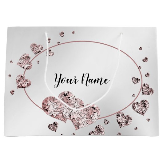 ピンクの桃色の輝くハートの幾何学的なエレガント ラージペーパーバッグ (正面)