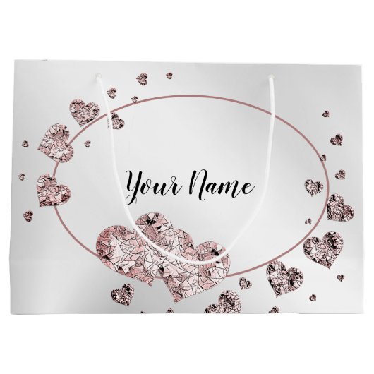 ピンクの桃色の輝くハートの幾何学的なエレガント ラージペーパーバッグ (裏面)