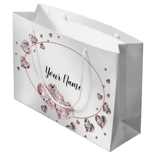 ピンクの桃色の輝くハートの幾何学的なエレガント ラージペーパーバッグ (裏面アングル)
