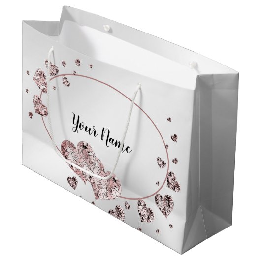 ピンクの桃色の輝くハートの幾何学的なエレガント ラージペーパーバッグ (正面アングル)