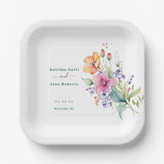 ピンクの桃色の黄色の花の咲き誇り ペーパープレート (正面)