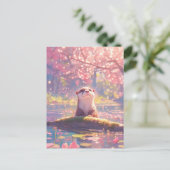 ピンクの桜が咲く池の好奇心旺盛なカワウソ ポストカード (スタンド正面)
