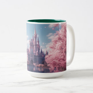 ピンクの桜が描かれたおとぎ話の城のマグカップ ツートーンマグカップ