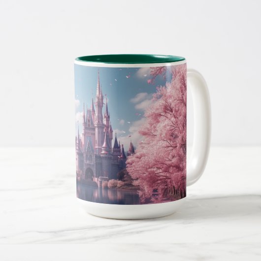 ピンクの桜が描かれたおとぎ話の城のマグカップ ツートーンマグカップ (正面右)