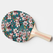 ピンクの桜とターコイズブルーの背景 卓球ラケット (横)