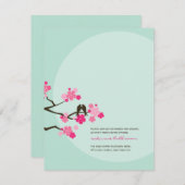 ピンクの桜とラブバードのウェディングレセプション 招待状 (正面/裏面)