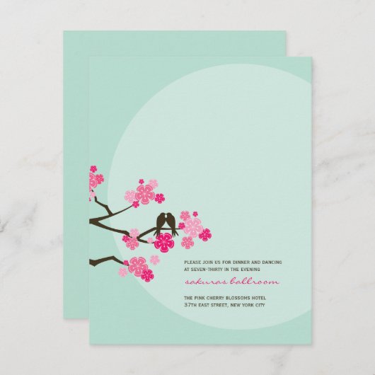 ピンクの桜とラブバードのウェディングレセプション 招待状 (正面/裏面)