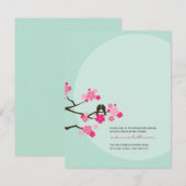 ピンクの桜とラブバードの結婚式の招待状 招待状 (正面/裏面)