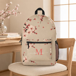 ピンクの桜と珊瑚色のモノグラム名入りリュック プリントバックパック
