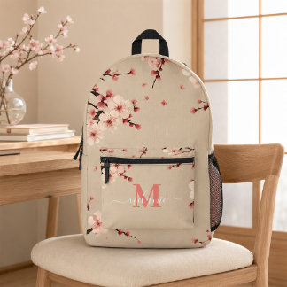 ピンクの桜と珊瑚色のモノグラム名入りリュック プリントバックパック
