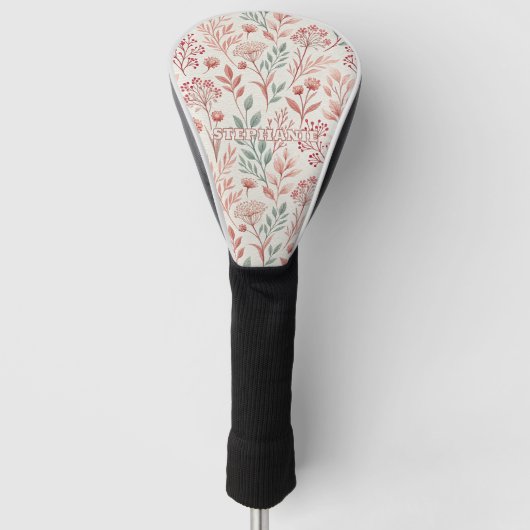 ピンクの桜と花と葉のパターン ゴルフヘッドカバー (正面)