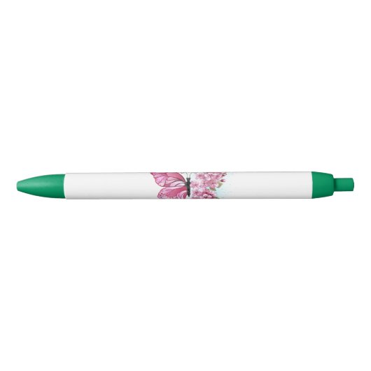 ピンクの桜と蝶々 黒ボールペン (正面)