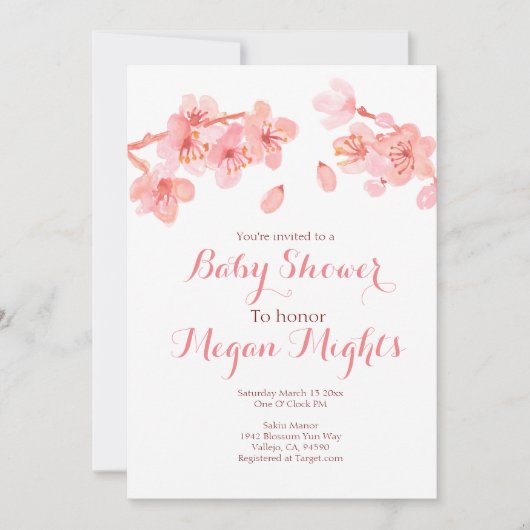 ピンクの桜のベビーシャワーの招待 招待状 (正面)