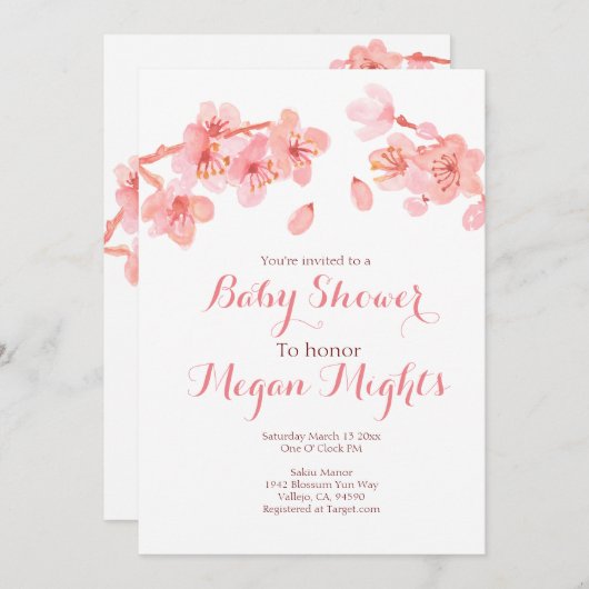 ピンクの桜のベビーシャワーの招待 招待状 (正面/裏面)