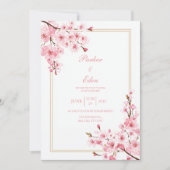 ピンクの桜のロマンティックなゴールドフレームの結婚式 招待状 (正面)