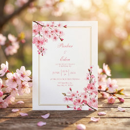 ピンクの桜のロマンティックなゴールドフレームの結婚式 招待状
