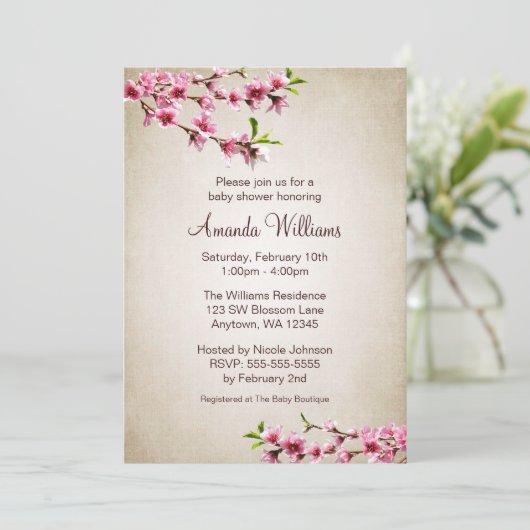 ピンクの桜のヴィンテージのタンのベビーシャワー 招待状 (スタンド正面)