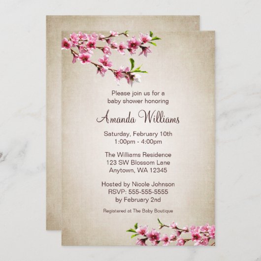ピンクの桜のヴィンテージのタンのベビーシャワー 招待状 (正面/裏面)