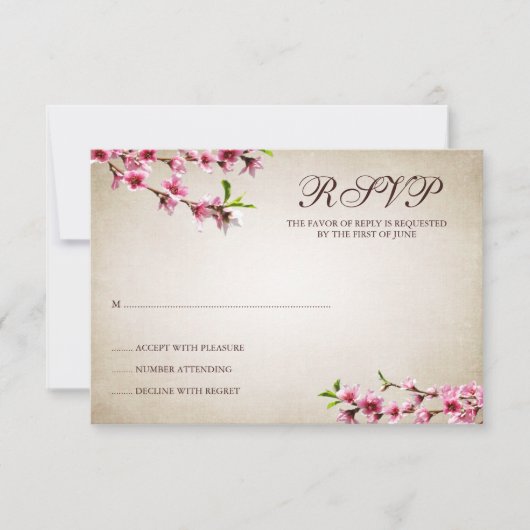 ピンクの桜のヴィンテージのタンの応答カード 出欠カード (正面)