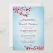 ピンクの桜のヴィンテージの青のブライダルシャワー 招待状 (正面)