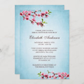 ピンクの桜のヴィンテージの青のブライダルシャワー 招待状 (正面/裏面)