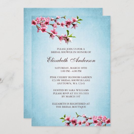 ピンクの桜のヴィンテージの青のブライダルシャワー 招待状 (正面/裏面)