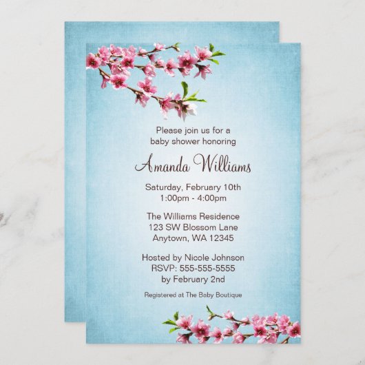 ピンクの桜のヴィンテージの青色児のシャワー 招待状 (正面/裏面)