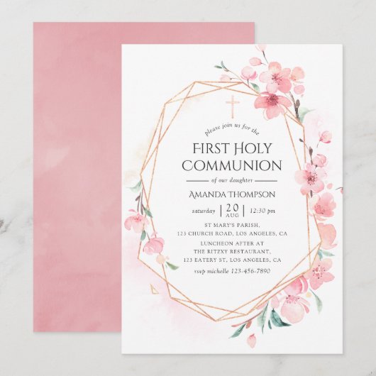 ピンクの桜の幾何学的な聖体拝領 招待状 (正面/裏面)