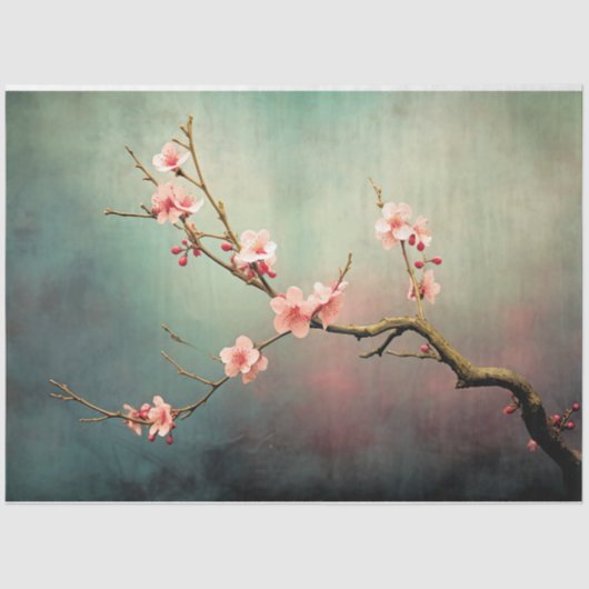 ピンクの桜の木の枝 ターコイズグリーンの空 薄葉紙 (正面)