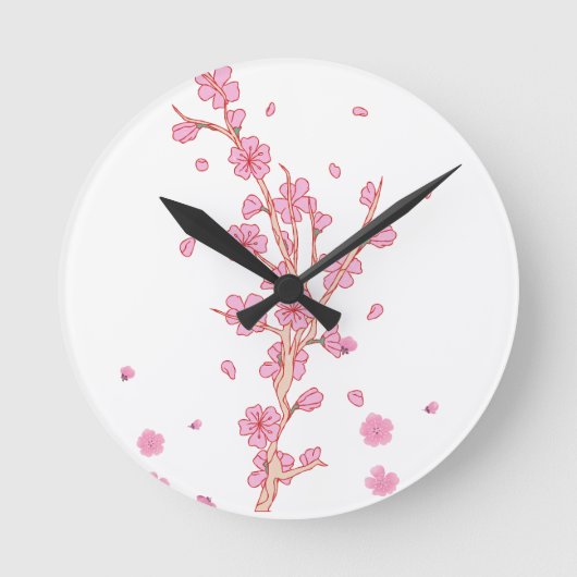 ピンクの桜の枝アート ラウンド壁時計 (正面)