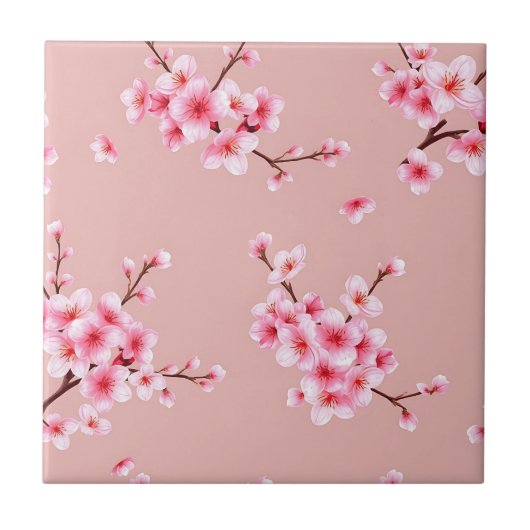 ピンクの桜の枝模様 タイル (正面)