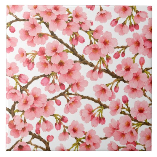 ピンクの桜の枝模様 タイル (正面)