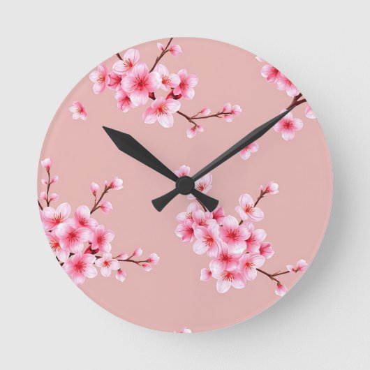 ピンクの桜の枝模様 ラウンド壁時計 (正面)